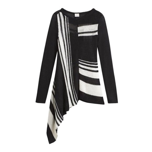 Chico's 1 Sz M Womens Asymmetrical Hem Knit Sweater Minimalist Black Stripe - Picture 6 of 12